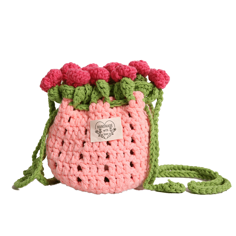 Mini Bag Rose / White Handmade Crocheted Drawstring Pouch