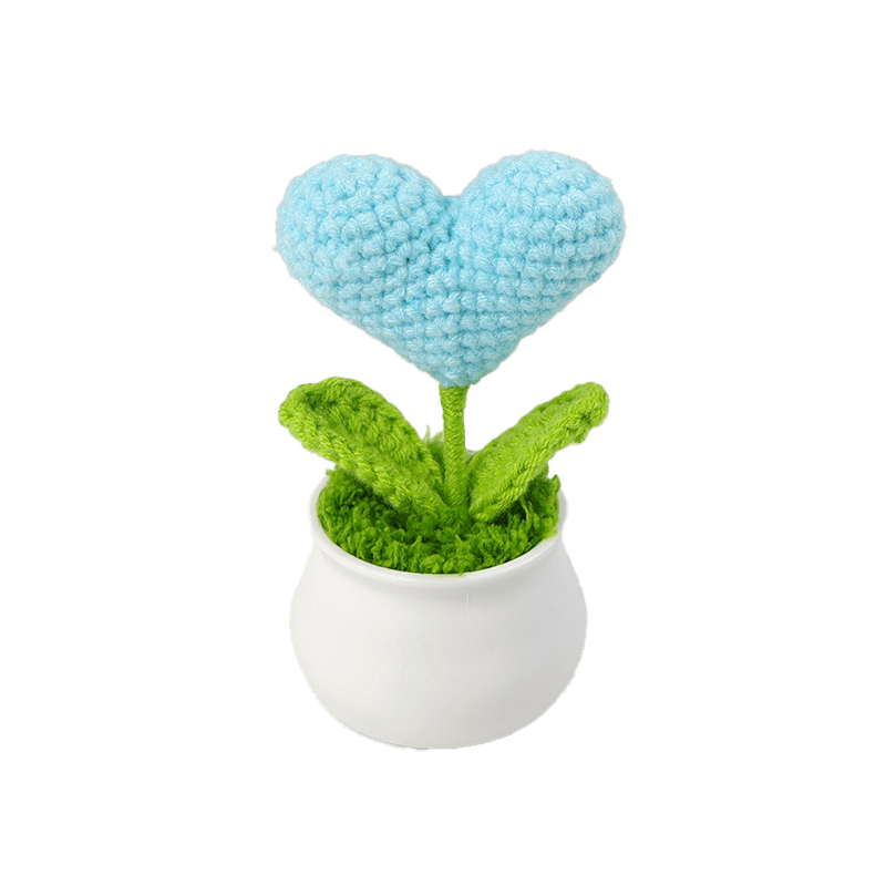 かぎ針編みのミニプラスチック鉢植えハート型ブルー/手作りミニ植物装飾