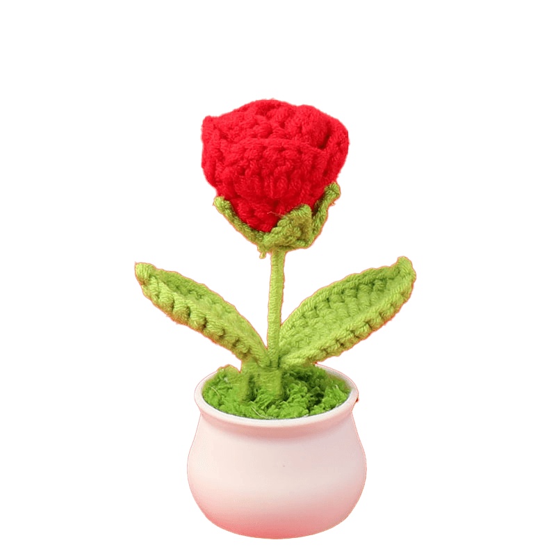 Rosa de plástico en maceta pequeña tejida a crochet