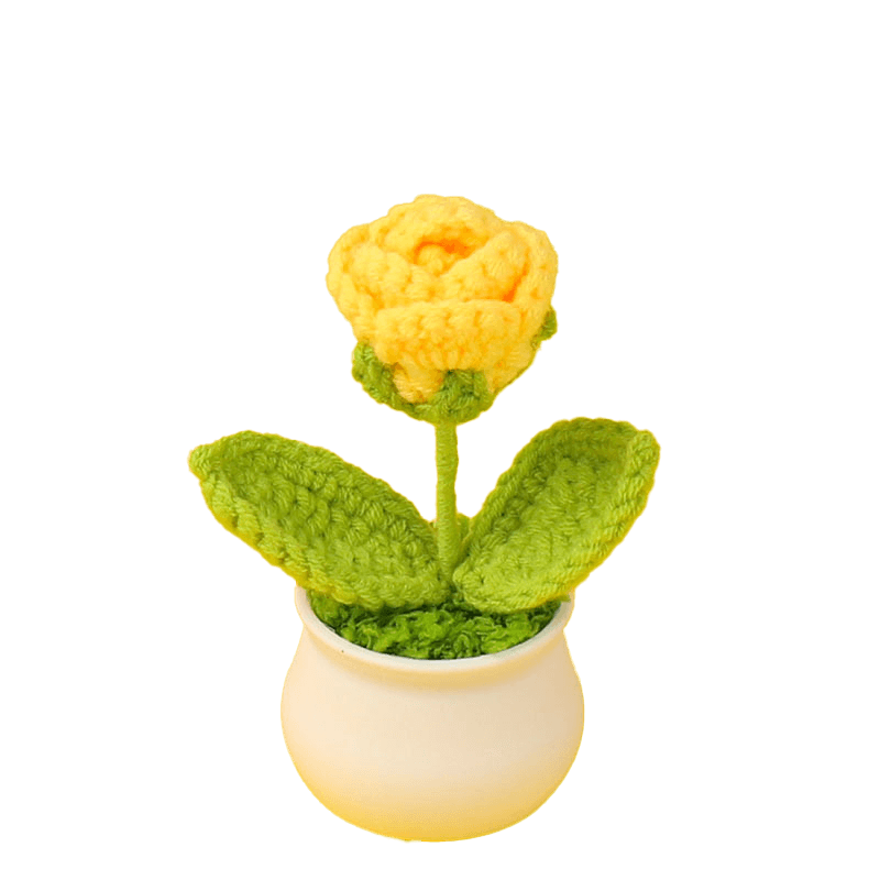 Rosa de plástico en maceta pequeña tejida a crochet